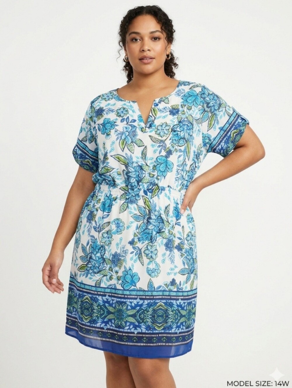 Enfocus Studio White Floral Midi Dress with Blue and Green Print